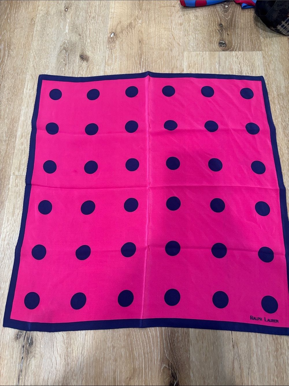 Ralph Lauren Bright Pink Scarf with Navy Polka Dots